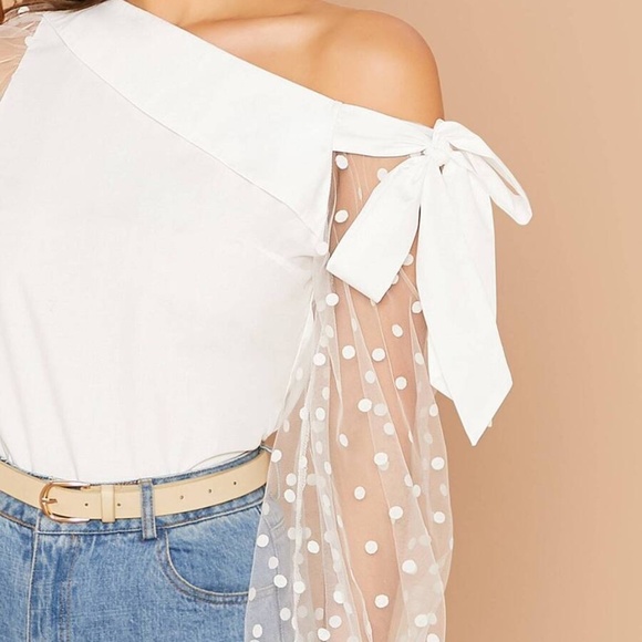 one shoulder bow polka dot sheer sleeve top White - Picture 3 of 14